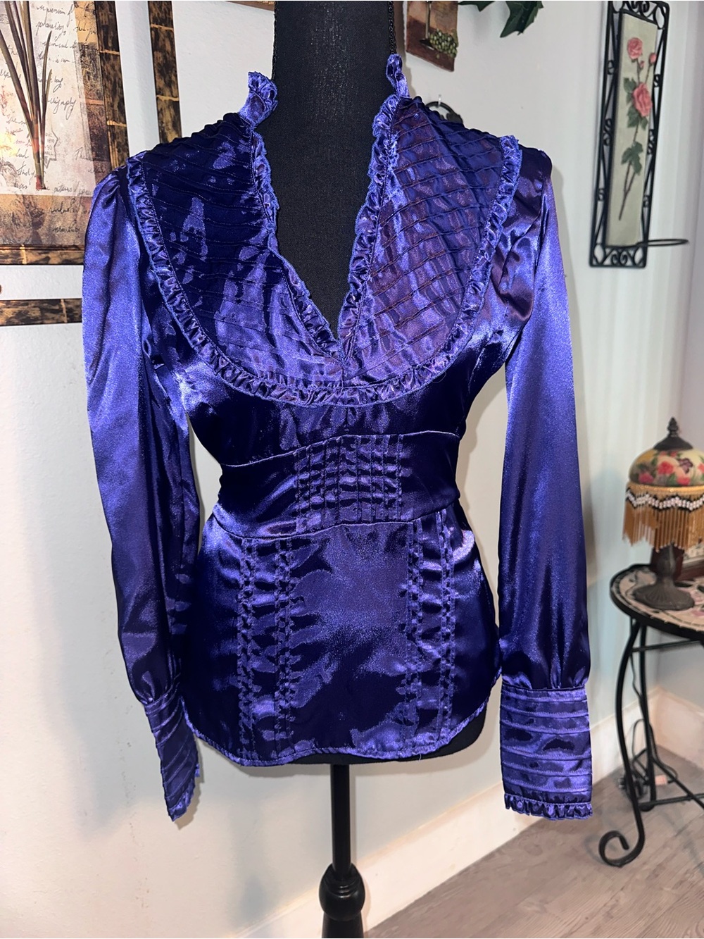 Vintage Y2K MKM Designs Purple Satin Long Ruffle Sleeve Blouse, Size S